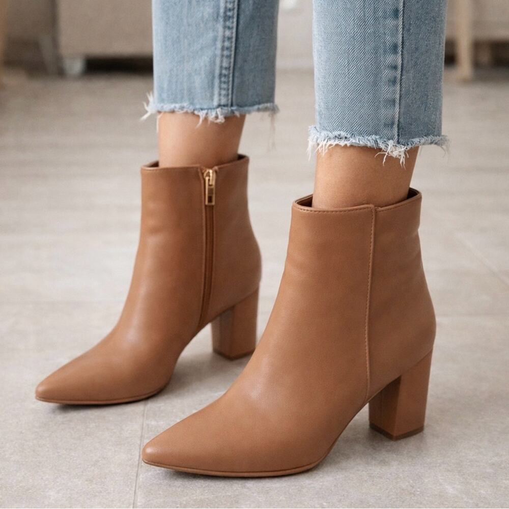 Tru Comfort Tan Block Heel Ankle Boots – Size 10 – Pointed Toe Side Zip